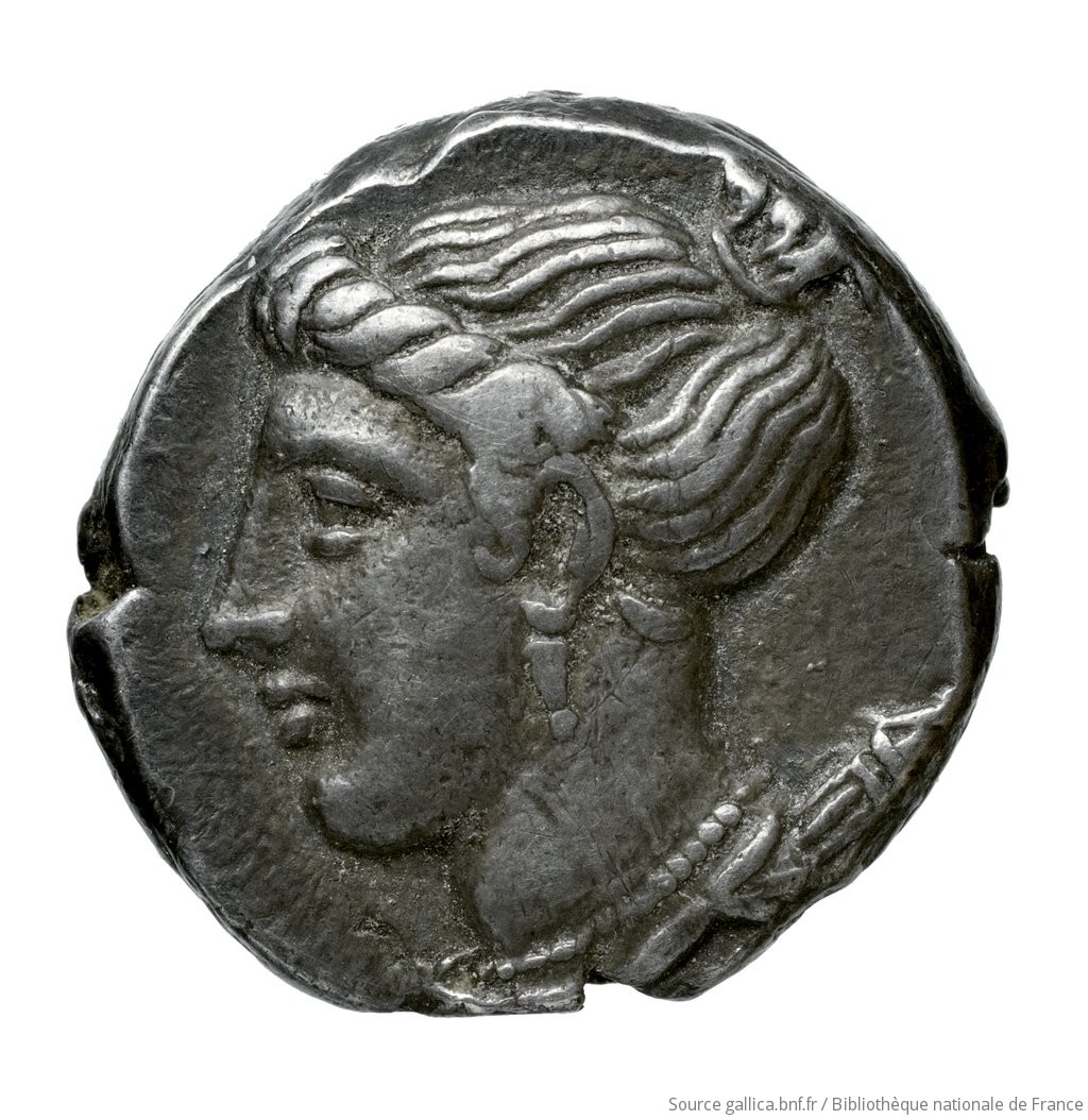 Reverse 'SilCoinCy A4510, Waddington, acc.no.: Babelon 633A. Silver coin of king Pnytagoras of Salamis 351 - 332 BC. Weight: 6.93g, Axis: 12h, Diameter: 18mm. Obverse type: Bust of Aphrodite left, wearing myrtle-wreath, hair long on neck, bound behind; wears triple-drop earring, necklace, and drapery on shoulders.. Obverse symbol: -. Obverse legend: ΠΝ in Greek. Reverse type: Bust of Artemis left, hair rolled and gathered up and bound behind; wears drop earring, necklace, and drapery on shoulders; quiver behind.. Reverse symbol: -. Reverse legend: ΒΑ in Greek. 'Catalogue des monnaies grecques de la Bibliothèque Nationale: les Perses Achéménides, les satrapes et les dynastes tributaires de leur empire: Cypre et la Phénicie', 'Inventaire de la Collection Waddington'.