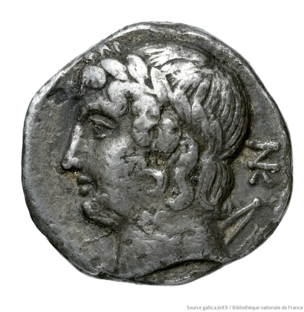 Οπισθότυπος 'SilCoinCy A4514, Fonds général, acc.no.: Babelon 638. Silver coin of king Nikokreon of Salamis 331 - 310/9 BC. Weight: 2.0699999999999998g, Axis: 12h, Diameter: 13mm. Obverse type: Bust of Aphrodite right, wearing a turreted crown. Obverse symbol: -. Obverse legend: - in -. Reverse type: Head of Apollo with short hair left, wearing a laurel wreath; bow behind his back. Reverse symbol: -. Reverse legend: - in -. 'Catalogue des monnaies grecques de la Bibliothèque Nationale: les Perses Achéménides, les satrapes et les dynastes tributaires de leur empire: Cypre et la Phénicie'.