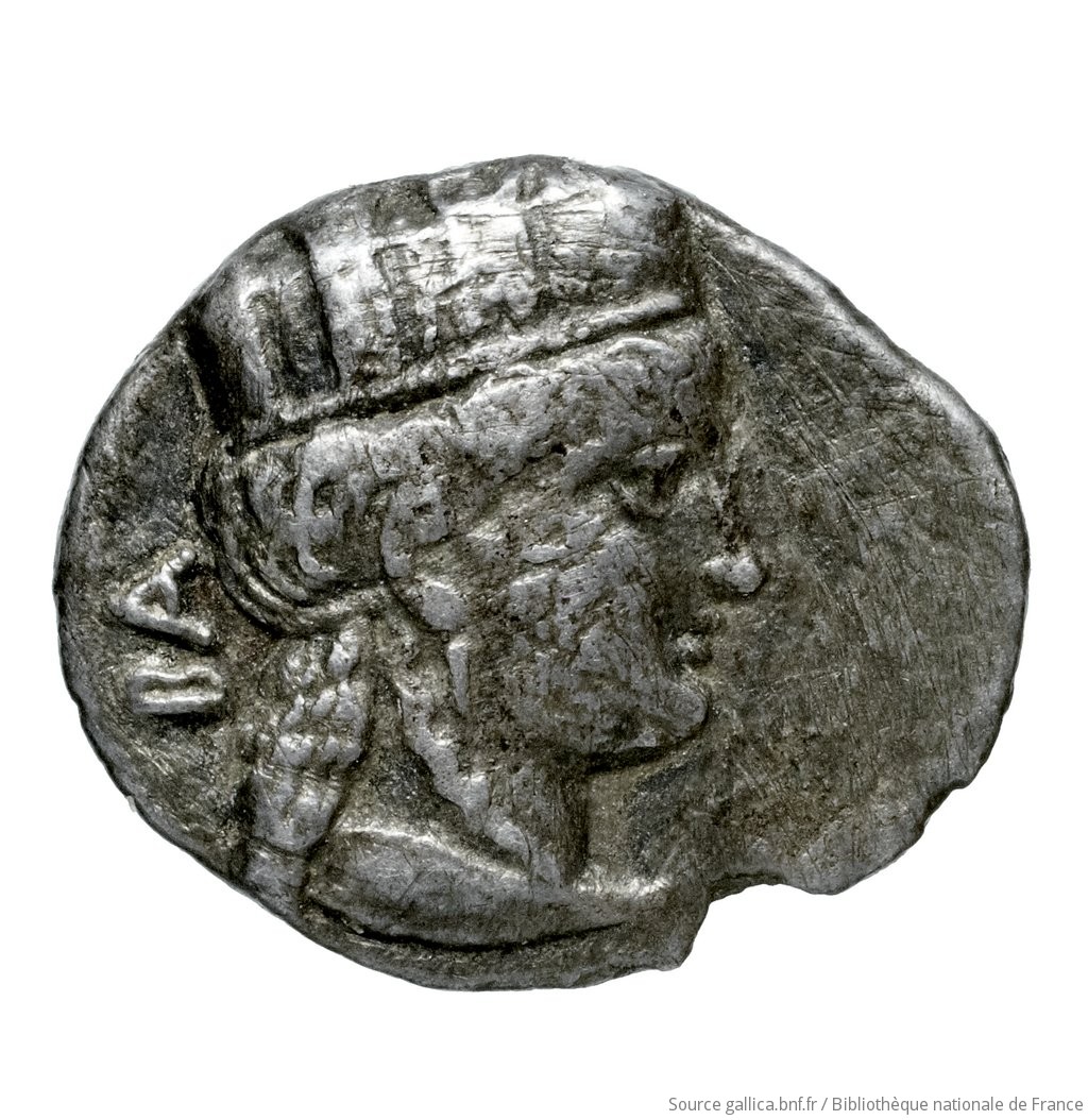 Οπισθότυπος 'SilCoinCy A4515, Fonds général, acc.no.: Babelon 639. Silver coin of king Nikokreon of Salamis 331 - 310/9 BC. Weight: 1.98g, Axis: 12h, Diameter: 14mm. Obverse type: Bust of Aphrodite right, wearing a turreted crown. Obverse symbol: -. Obverse legend: - in -. Reverse type: Head of Apollo with short hair left, wearing a laurel wreath; bow behind his back. Reverse symbol: -. Reverse legend: - in -. 'Catalogue des monnaies grecques de la Bibliothèque Nationale: les Perses Achéménides, les satrapes et les dynastes tributaires de leur empire: Cypre et la Phénicie'.