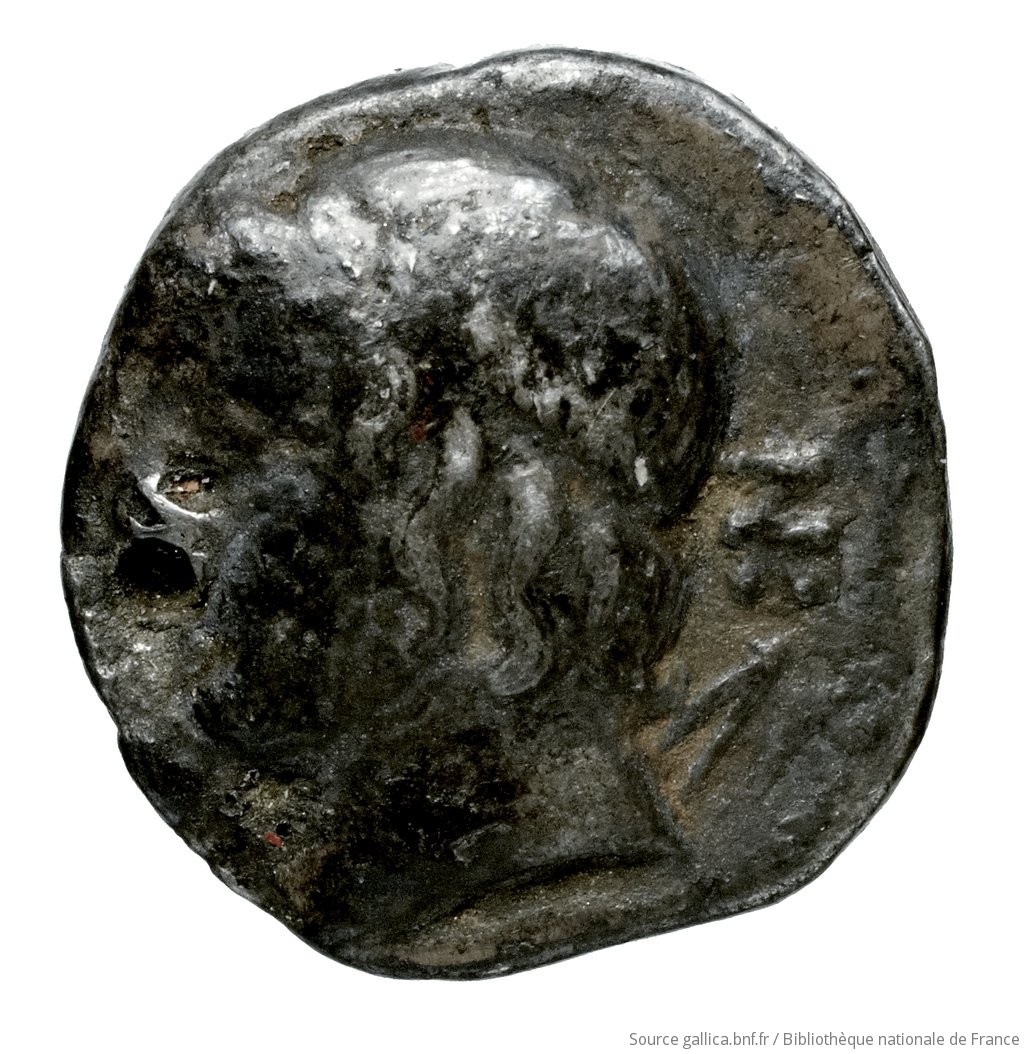 Reverse 'SilCoinCy A4516, Waddington, acc.no.: Babelon 639A. Silver coin of king Nikokreon of Salamis 331 - 310/9 BC. Weight: 2.09g, Axis: 12h, Diameter: 13mm. Obverse type: Bust of Aphrodite right, wearing a turreted crown. Obverse symbol: -. Obverse legend: - in -. Reverse type: Head of Apollo with short hair left, wearing a laurel wreath; bow behind his back. Reverse symbol: -. Reverse legend: - in -. 'Catalogue des monnaies grecques de la Bibliothèque Nationale: les Perses Achéménides, les satrapes et les dynastes tributaires de leur empire: Cypre et la Phénicie'.