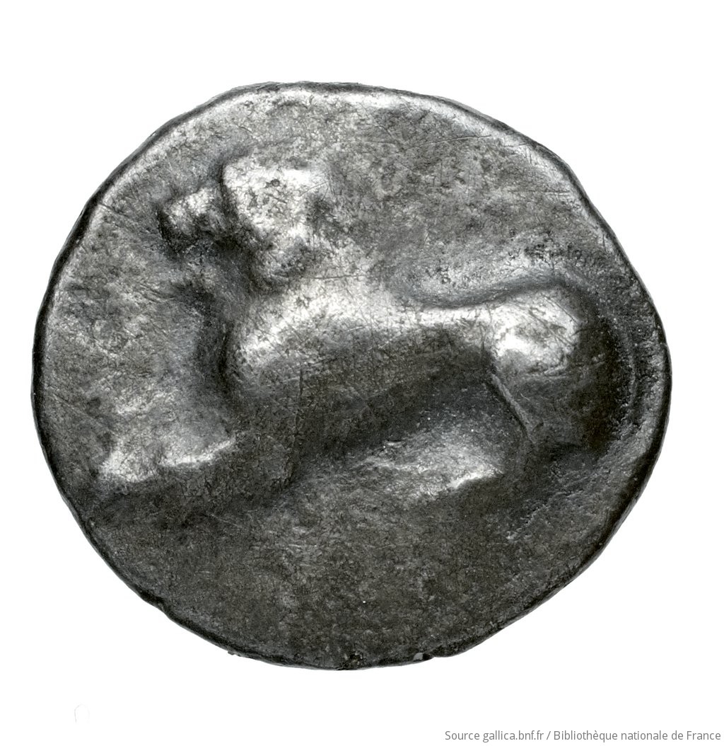 Εμπροσθότυπος 'SilCoinCy A4522, Fonds général, acc.no.: Babelon 643. Silver coin of king Uncertain king of Kition or Amathous 525 - 480 BC. Weight: 1.46g, Axis: -, Diameter: 12mm. Obverse type: Lion lying left. Obverse symbol: -. Obverse legend: - in -. Reverse type: Smooth. Reverse symbol: -. Reverse legend: - in -. 'Catalogue des monnaies grecques de la Bibliothèque Nationale: les Perses Achéménides, les satrapes et les dynastes tributaires de leur empire: Cypre et la Phénicie'.