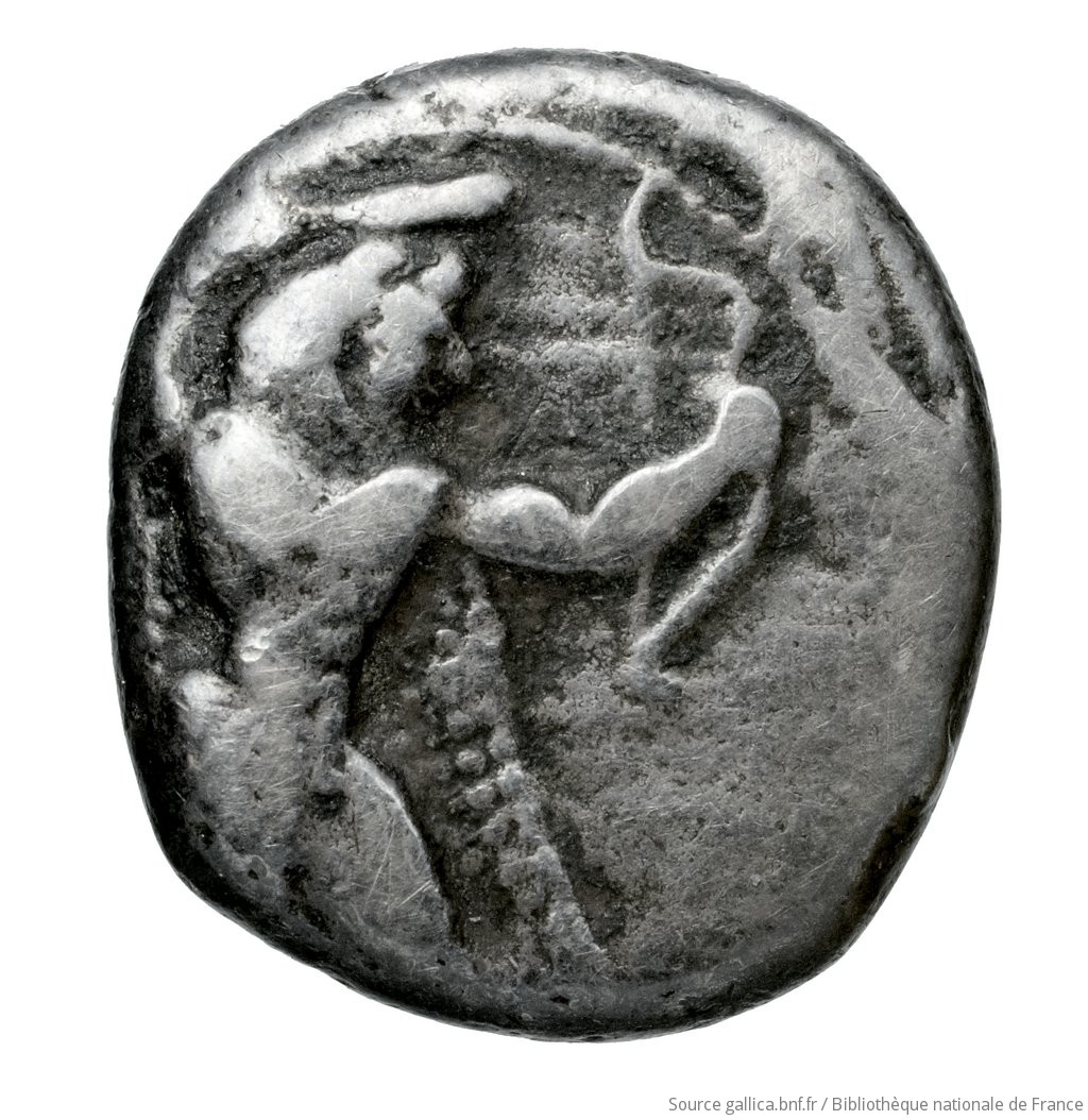 Obverse 'SilCoinCy A4523, Fonds général, acc.no.: Babelon 648. Silver coin of king Baalmilk I of Kition 475 - 450 BC. Weight: 3.26g, Axis: 5h, Diameter: 15mm. Obverse type: Herakles, wearing lion's skin over head and hanging down his back (the tail seen behind him), advancing to right; in outstretched left bow, in right his club raised over his head: border of dots.. Obverse symbol: -. Obverse legend: - in -. Reverse type: Lion seated right, jaws open, in dotted square within incuse square. Reverse symbol: ankh. Reverse legend: - in -. 'Catalogue des monnaies grecques de la Bibliothèque Nationale: les Perses Achéménides, les satrapes et les dynastes tributaires de leur empire: Cypre et la Phénicie'.