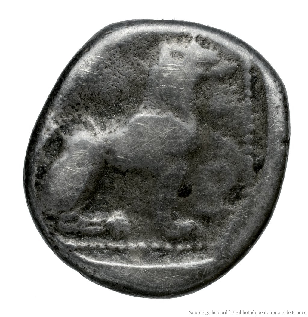 Reverse 'SilCoinCy A4523, Fonds général, acc.no.: Babelon 648. Silver coin of king Baalmilk I of Kition 475 - 450 BC. Weight: 3.26g, Axis: 5h, Diameter: 15mm. Obverse type: Herakles, wearing lion's skin over head and hanging down his back (the tail seen behind him), advancing to right; in outstretched left bow, in right his club raised over his head: border of dots.. Obverse symbol: -. Obverse legend: - in -. Reverse type: Lion seated right, jaws open, in dotted square within incuse square. Reverse symbol: ankh. Reverse legend: - in -. 'Catalogue des monnaies grecques de la Bibliothèque Nationale: les Perses Achéménides, les satrapes et les dynastes tributaires de leur empire: Cypre et la Phénicie'.