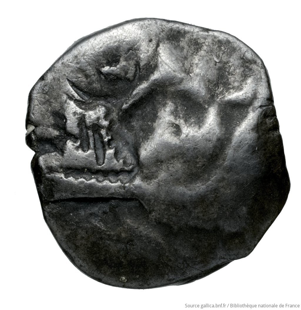 Obverse 'SilCoinCy A4524, Fonds général, acc.no.: Babelon 652. Silver coin of king Baalmilk I of Kition 475 - 450 BC. Weight: .82g, Axis: 3h, Diameter: 11mm. Obverse type: Head of Herakles right, bearded, wearing lion's skin: border of dots.. Obverse symbol: -. Obverse legend: - in -. Reverse type: Lion seated right, jaws open; the whole in dotted square, in incuse square.. Reverse symbol: ankh. Reverse legend: bl in Phoenician. 'Catalogue des monnaies grecques de la Bibliothèque Nationale: les Perses Achéménides, les satrapes et les dynastes tributaires de leur empire: Cypre et la Phénicie'.