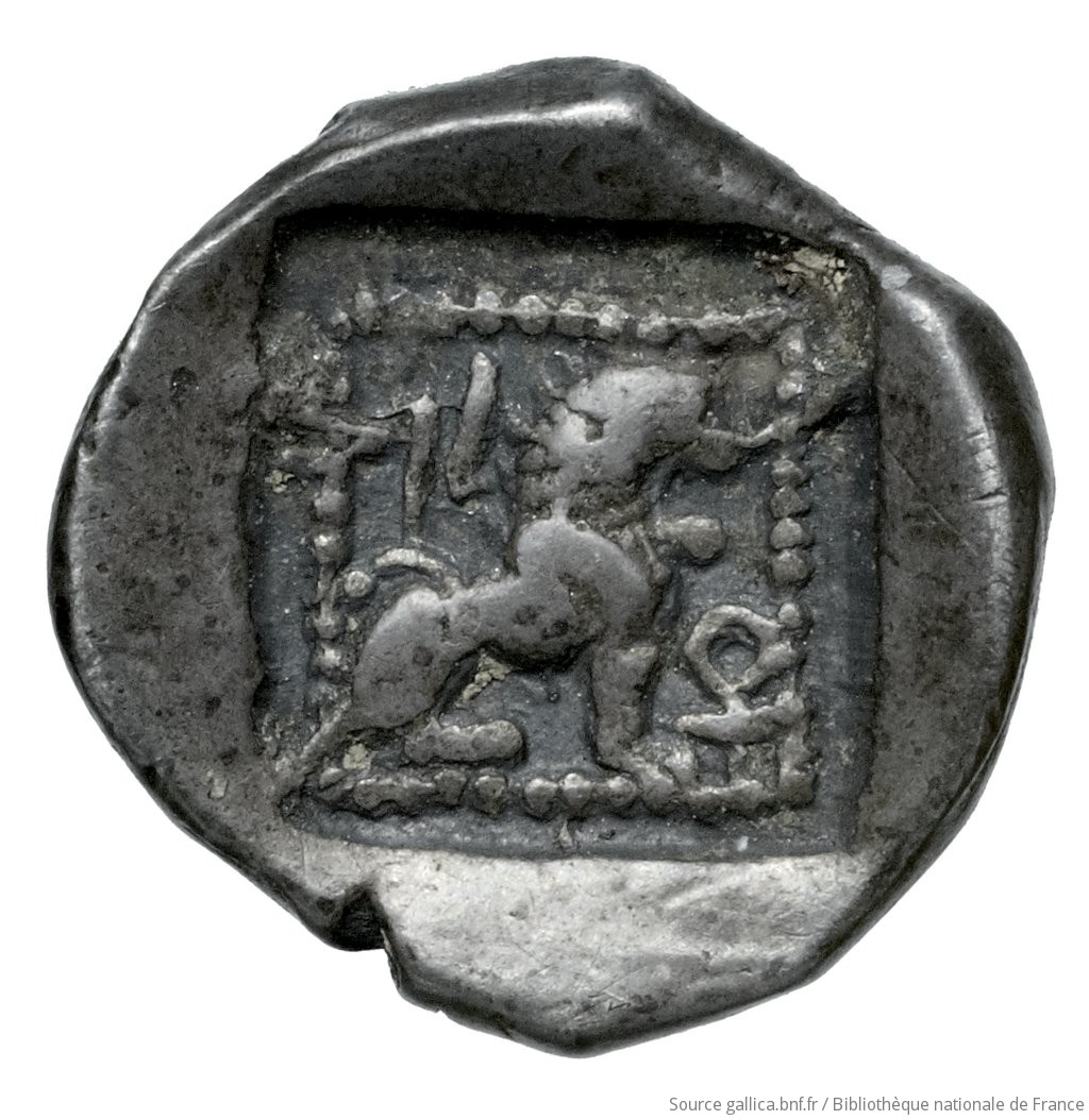 Reverse 'SilCoinCy A4524, Fonds général, acc.no.: Babelon 652. Silver coin of king Baalmilk I of Kition 475 - 450 BC. Weight: .82g, Axis: 3h, Diameter: 11mm. Obverse type: Head of Herakles right, bearded, wearing lion's skin: border of dots.. Obverse symbol: -. Obverse legend: - in -. Reverse type: Lion seated right, jaws open; the whole in dotted square, in incuse square.. Reverse symbol: ankh. Reverse legend: bl in Phoenician. 'Catalogue des monnaies grecques de la Bibliothèque Nationale: les Perses Achéménides, les satrapes et les dynastes tributaires de leur empire: Cypre et la Phénicie'.