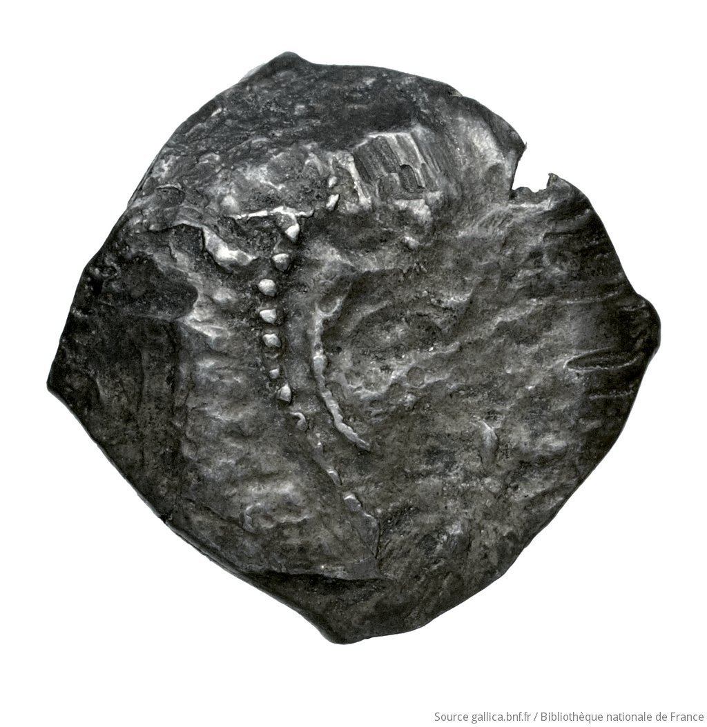 Obverse 'SilCoinCy A4525, Fonds général, acc.no.: Babelon 654. Silver coin of king Baalmilk I of Kition 475 - 450 BC. Weight: 0.81g, Axis: 11h, Diameter: 11mm. Obverse type: Head of Herakles right, bearded, wearing lion's skin: border of dots.. Obverse symbol: -. Obverse legend: - in -. Reverse type: Lion seated right, jaws open; the whole in dotted square, in incuse square.. Reverse symbol: -. Reverse legend: bl in Phoenician. 'Catalogue des monnaies grecques de la Bibliothèque Nationale: les Perses Achéménides, les satrapes et les dynastes tributaires de leur empire: Cypre et la Phénicie'.