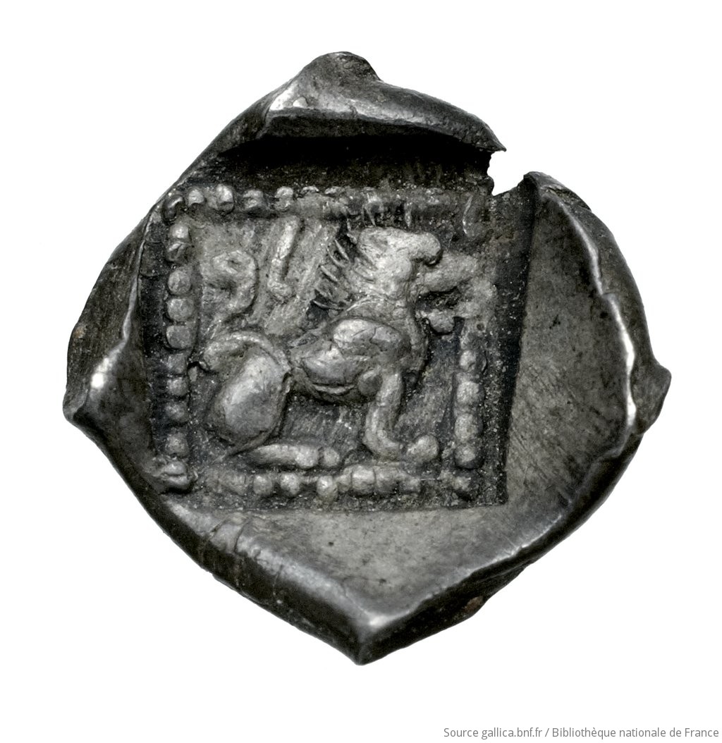 Reverse 'SilCoinCy A4525, Fonds général, acc.no.: Babelon 654. Silver coin of king Baalmilk I of Kition 475 - 450 BC. Weight: 0.81g, Axis: 11h, Diameter: 11mm. Obverse type: Head of Herakles right, bearded, wearing lion's skin: border of dots.. Obverse symbol: -. Obverse legend: - in -. Reverse type: Lion seated right, jaws open; the whole in dotted square, in incuse square.. Reverse symbol: -. Reverse legend: bl in Phoenician. 'Catalogue des monnaies grecques de la Bibliothèque Nationale: les Perses Achéménides, les satrapes et les dynastes tributaires de leur empire: Cypre et la Phénicie'.