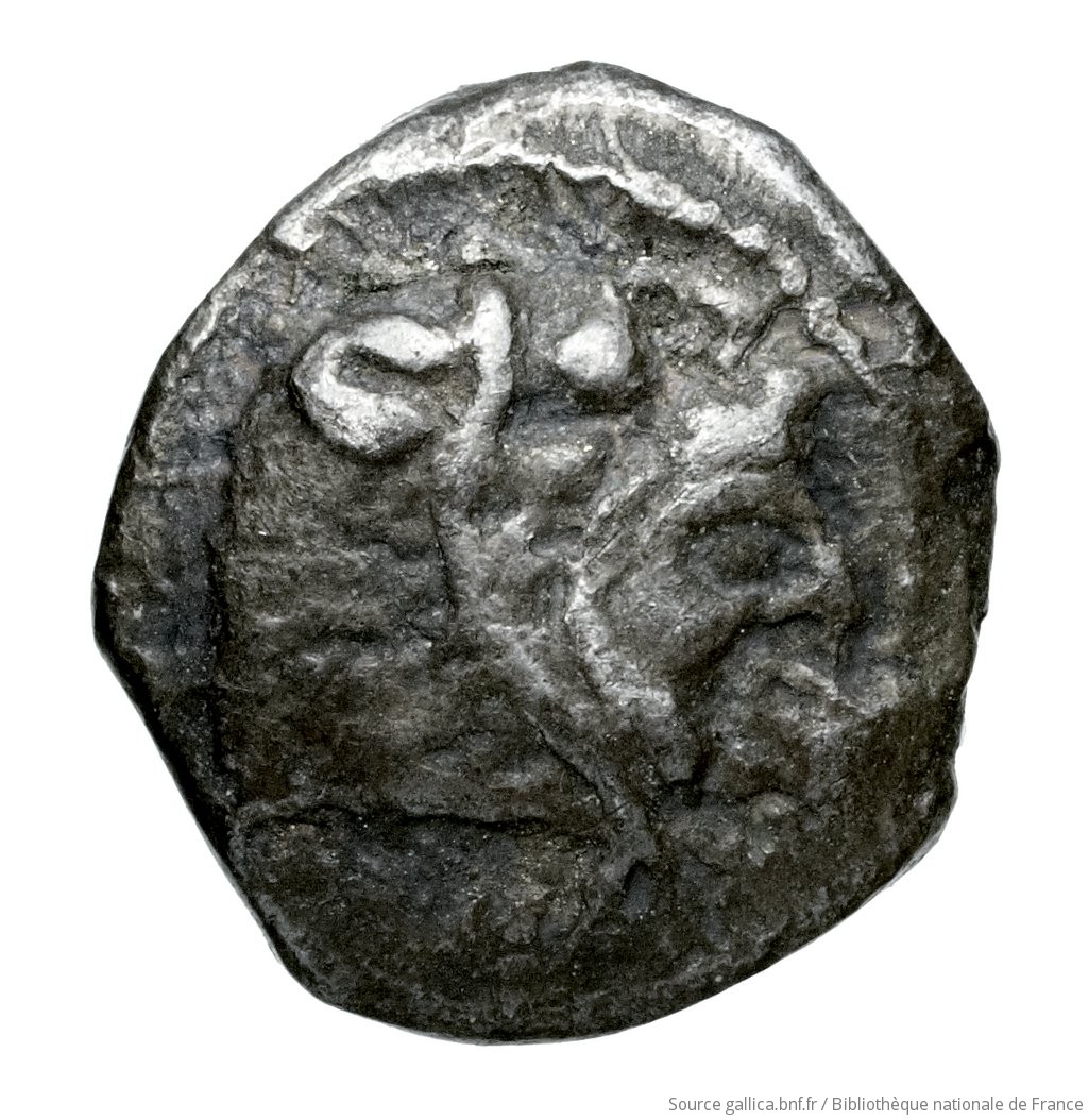 Obverse 'SilCoinCy A4526, Fonds général, acc.no.: Babelon 655. Silver coin of king Baalmilk I of Kition 475 - 450 BC. Weight: 0.77g, Axis: 10h, Diameter: 10mm. Obverse type: Head of Herakles right, bearded, wearing lion's skin: border of dots.. Obverse symbol: -. Obverse legend: - in -. Reverse type: Lion seated right, jaws open; the whole in dotted square, in incuse square.. Reverse symbol: -. Reverse legend: bl in Phoenician. 'Catalogue des monnaies grecques de la Bibliothèque Nationale: les Perses Achéménides, les satrapes et les dynastes tributaires de leur empire: Cypre et la Phénicie'.