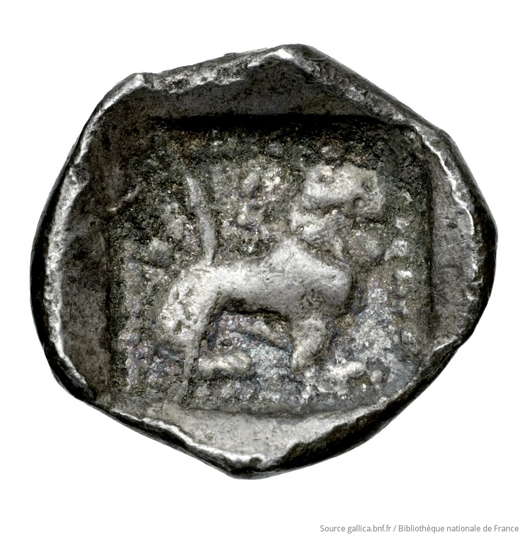 Reverse 'SilCoinCy A4526, Fonds général, acc.no.: Babelon 655. Silver coin of king Baalmilk I of Kition 475 - 450 BC. Weight: 0.77g, Axis: 10h, Diameter: 10mm. Obverse type: Head of Herakles right, bearded, wearing lion's skin: border of dots.. Obverse symbol: -. Obverse legend: - in -. Reverse type: Lion seated right, jaws open; the whole in dotted square, in incuse square.. Reverse symbol: -. Reverse legend: bl in Phoenician. 'Catalogue des monnaies grecques de la Bibliothèque Nationale: les Perses Achéménides, les satrapes et les dynastes tributaires de leur empire: Cypre et la Phénicie'.