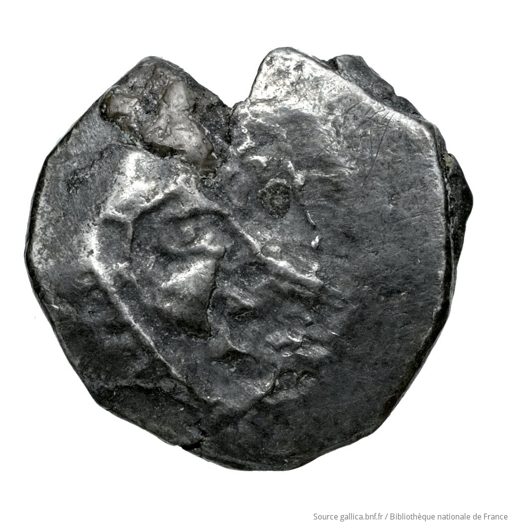 Obverse 'SilCoinCy A4528, Fonds général, acc.no.: Babelon 658. Silver coin of king Baalmilk I of Kition 475 - 450 BC. Weight: 0.78g, Axis: 2h, Diameter: 11mm. Obverse type: Head of Herakles right, bearded, wearing lion's skin: border of dots.. Obverse symbol: -. Obverse legend: - in -. Reverse type: Lion seated right, jaws open; the whole in dotted square, in incuse square.. Reverse symbol: ankh. Reverse legend: bl in Phoenician. 'Catalogue des monnaies grecques de la Bibliothèque Nationale: les Perses Achéménides, les satrapes et les dynastes tributaires de leur empire: Cypre et la Phénicie'.