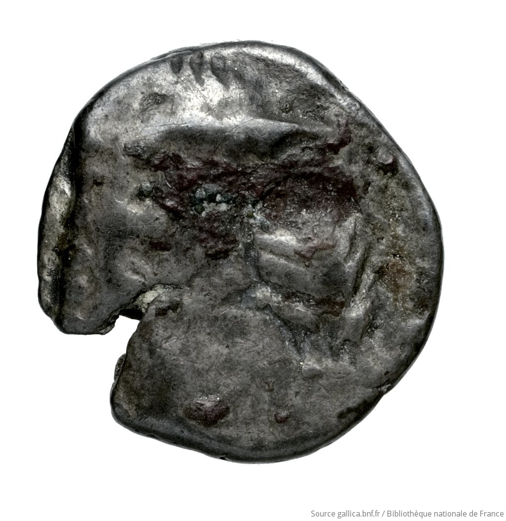 Obverse 'SilCoinCy A4529, Fonds général, acc.no.: Babelon 659. Silver coin of king Baalmilk I of Kition 475 - 450 BC. Weight: 0.81g, Axis: 3h, Diameter: 11mm. Obverse type: Head of Herakles right, bearded, wearing lion's skin: border of dots.. Obverse symbol: -. Obverse legend: - in -. Reverse type: Lion seated right, jaws open; the whole in dotted square, in incuse square.. Reverse symbol: -. Reverse legend: bl in Phoenician. 'Catalogue des monnaies grecques de la Bibliothèque Nationale: les Perses Achéménides, les satrapes et les dynastes tributaires de leur empire: Cypre et la Phénicie'.