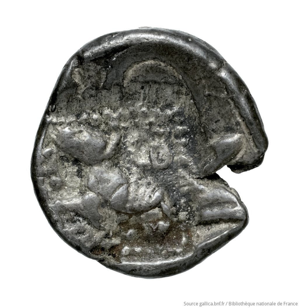 Reverse 'SilCoinCy A4529, Fonds général, acc.no.: Babelon 659. Silver coin of king Baalmilk I of Kition 475 - 450 BC. Weight: 0.81g, Axis: 3h, Diameter: 11mm. Obverse type: Head of Herakles right, bearded, wearing lion's skin: border of dots.. Obverse symbol: -. Obverse legend: - in -. Reverse type: Lion seated right, jaws open; the whole in dotted square, in incuse square.. Reverse symbol: -. Reverse legend: bl in Phoenician. 'Catalogue des monnaies grecques de la Bibliothèque Nationale: les Perses Achéménides, les satrapes et les dynastes tributaires de leur empire: Cypre et la Phénicie'.