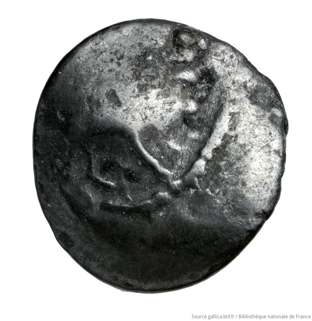 Obverse 'SilCoinCy A4530, Fonds général, acc.no.: Babelon 662. Silver coin of king Baalmilk I of Kition 475 - 450 BC. Weight: 0.76g, Axis: ?h, Diameter: 11mm. Obverse type: Head of Herakles right, bearded, wearing lion's skin: border of dots.. Obverse symbol: -. Obverse legend: - in -. Reverse type: Lion seated right, jaws open; the whole in dotted square, in incuse square.. Reverse symbol: -. Reverse legend: bl in Phoenician. 'Catalogue des monnaies grecques de la Bibliothèque Nationale: les Perses Achéménides, les satrapes et les dynastes tributaires de leur empire: Cypre et la Phénicie'.