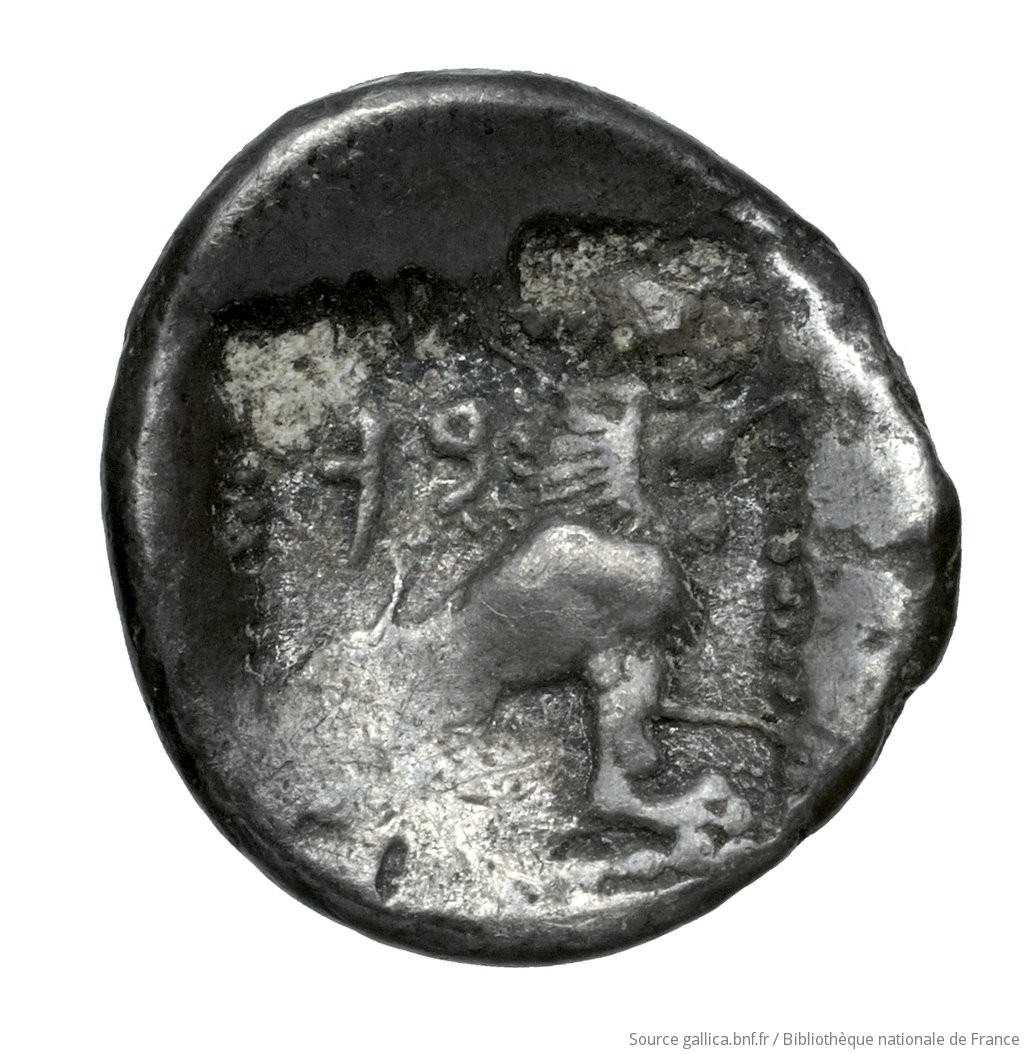Reverse 'SilCoinCy A4530, Fonds général, acc.no.: Babelon 662. Silver coin of king Baalmilk I of Kition 475 - 450 BC. Weight: 0.76g, Axis: ?h, Diameter: 11mm. Obverse type: Head of Herakles right, bearded, wearing lion's skin: border of dots.. Obverse symbol: -. Obverse legend: - in -. Reverse type: Lion seated right, jaws open; the whole in dotted square, in incuse square.. Reverse symbol: -. Reverse legend: bl in Phoenician. 'Catalogue des monnaies grecques de la Bibliothèque Nationale: les Perses Achéménides, les satrapes et les dynastes tributaires de leur empire: Cypre et la Phénicie'.