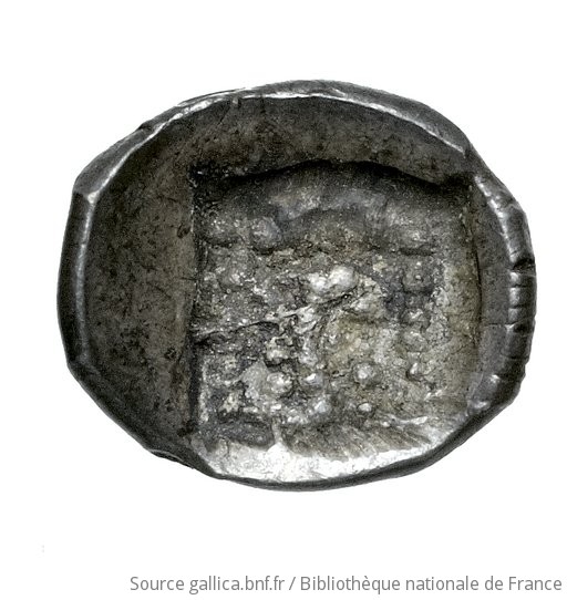 Reverse 'SilCoinCy A4531, Fonds général, acc.no.: Babelon 669. Silver coin of king Baalmilk I of Kition 475 - 450 BC. Weight: 0.16g, Axis: ?h, Diameter: 6mm. Obverse type: Head of Herakles right, bearded, wearing lion's skin: border of dots.. Obverse symbol: -. Obverse legend: - in -. Reverse type: Lion seated right, jaws open; the whole in dotted square, in incuse square.. Reverse symbol: -. Reverse legend: - in -. 'Catalogue des monnaies grecques de la Bibliothèque Nationale: les Perses Achéménides, les satrapes et les dynastes tributaires de leur empire: Cypre et la Phénicie'.