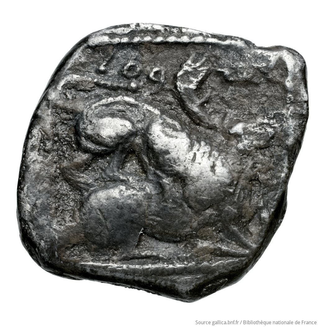 Οπισθότυπος 'SilCoinCy A4536, Fonds général, acc.no.: Babelon 674. Silver coin of king Ozibaal of Kition 450 - 425 BC. Weight: 3.63g, Axis: 5h, Diameter: 16mm. Obverse type: Herakles, wearing lion's skin over head and hanging down his back, advancing to right; in outstretched left bow, in right his club raised over his head: border of dots.. Obverse symbol: -. Obverse legend: - in -. Reverse type: Lion right, bringing down stag right; dotted square within incuse square. Reverse symbol: -. Reverse legend: zb'l in Phoenician. 'Catalogue des monnaies grecques de la Bibliothèque Nationale: les Perses Achéménides, les satrapes et les dynastes tributaires de leur empire: Cypre et la Phénicie'.