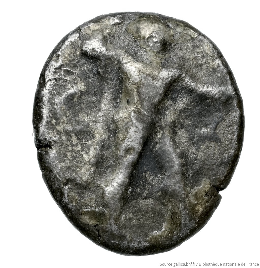 Obverse 'SilCoinCy A4537, Fonds général, acc.no.: Babelon 675. Silver coin of king Ozibaal of Kition 450 - 425 BC. Weight: 3.3g, Axis: 11h, Diameter: 15mm. Obverse type: Herakles, wearing lion's skin over head and hanging down his back, advancing to right; in outstretched left bow, in right his club raised over his head: border of dots.. Obverse symbol: -. Obverse legend: - in -. Reverse type: Lion right, bringing down stag right; dotted square within incuse square. Reverse symbol: -. Reverse legend: l'zb' in Phoenician. 'Catalogue des monnaies grecques de la Bibliothèque Nationale: les Perses Achéménides, les satrapes et les dynastes tributaires de leur empire: Cypre et la Phénicie'.