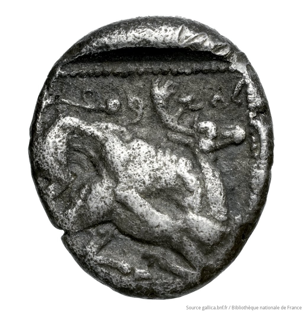 Reverse 'SilCoinCy A4537, Fonds général, acc.no.: Babelon 675. Silver coin of king Ozibaal of Kition 450 - 425 BC. Weight: 3.3g, Axis: 11h, Diameter: 15mm. Obverse type: Herakles, wearing lion's skin over head and hanging down his back, advancing to right; in outstretched left bow, in right his club raised over his head: border of dots.. Obverse symbol: -. Obverse legend: - in -. Reverse type: Lion right, bringing down stag right; dotted square within incuse square. Reverse symbol: -. Reverse legend: l'zb' in Phoenician. 'Catalogue des monnaies grecques de la Bibliothèque Nationale: les Perses Achéménides, les satrapes et les dynastes tributaires de leur empire: Cypre et la Phénicie'.