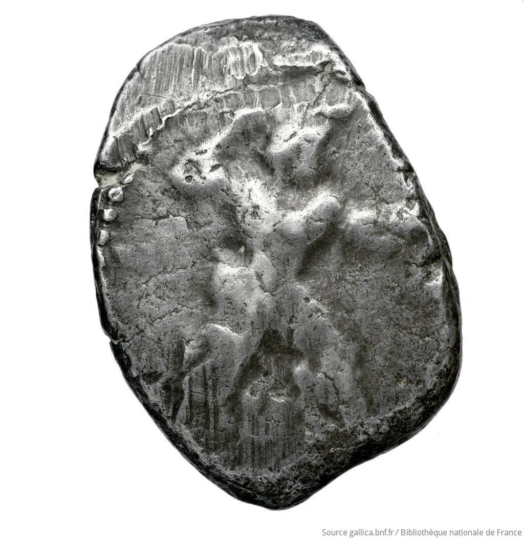 Obverse 'SilCoinCy A4539, Fonds général, acc.no.: Babelon 678. Silver coin of king Baalmilk II of Kition 425 - 400 BC. Weight: 10.93g, Axis: 9h, Diameter: 26mm. Obverse type: Herakles, wearing lion's skin over head and hanging down his back, advancing to right; in outstretched left bow, in right his club raised over his head: border of dots.. Obverse symbol: -. Obverse legend: - in -. Reverse type: Lion right, bringing down stag right; dotted square within incuse square. Reverse symbol: -. Reverse legend: lb'lmlk in Phoenician. 'Catalogue des monnaies grecques de la Bibliothèque Nationale: les Perses Achéménides, les satrapes et les dynastes tributaires de leur empire: Cypre et la Phénicie'.