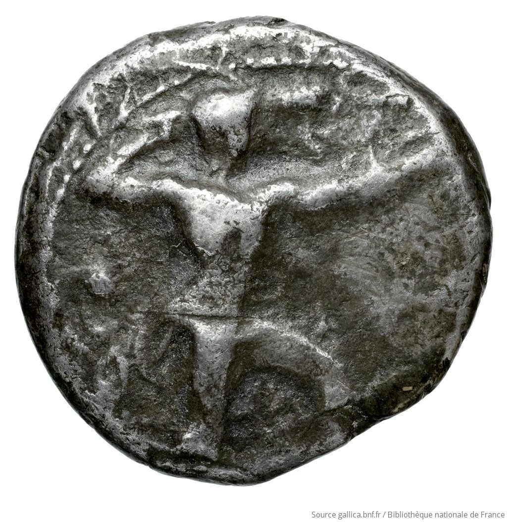 Obverse 'SilCoinCy A4540, Fonds général, acc.no.: Babelon 679. Silver coin of king Baalmilk II of Kition 425 - 400 BC. Weight: 10.49g, Axis: 12h, Diameter: 21mm. Obverse type: Herakles, wearing lion's skin over head and hanging down his back, advancing to right; in outstretched left bow, in right his club raised over his head: border of dots.. Obverse symbol: -. Obverse legend: - in -. Reverse type: Lion right, bringing down stag right; dotted square within incuse square. Reverse symbol: -. Reverse legend: b'lmlk in Phoenician. 'Catalogue des monnaies grecques de la Bibliothèque Nationale: les Perses Achéménides, les satrapes et les dynastes tributaires de leur empire: Cypre et la Phénicie'.
