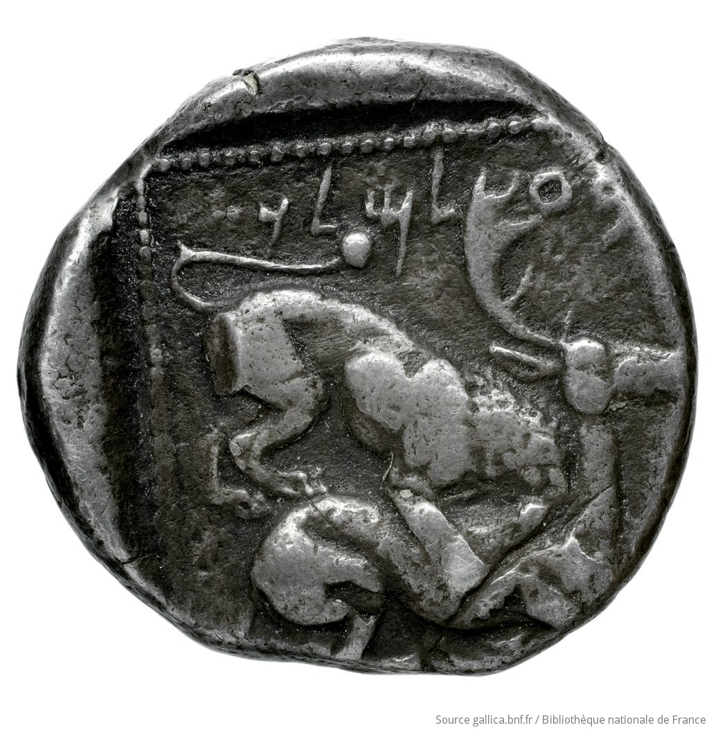 Reverse 'SilCoinCy A4540, Fonds général, acc.no.: Babelon 679. Silver coin of king Baalmilk II of Kition 425 - 400 BC. Weight: 10.49g, Axis: 12h, Diameter: 21mm. Obverse type: Herakles, wearing lion's skin over head and hanging down his back, advancing to right; in outstretched left bow, in right his club raised over his head: border of dots.. Obverse symbol: -. Obverse legend: - in -. Reverse type: Lion right, bringing down stag right; dotted square within incuse square. Reverse symbol: -. Reverse legend: b'lmlk in Phoenician. 'Catalogue des monnaies grecques de la Bibliothèque Nationale: les Perses Achéménides, les satrapes et les dynastes tributaires de leur empire: Cypre et la Phénicie'.