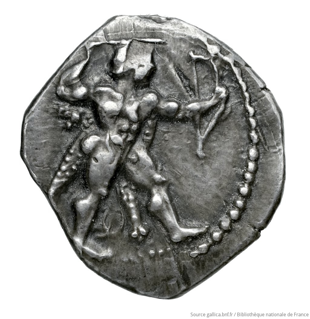Obverse 'SilCoinCy A4542, Fonds général, acc.no.: Babelon 686A. Silver coin of king Baalmilk II of Kition 425 - 400 BC. Weight: 1.73g, Axis: 9h, Diameter: 14mm. Obverse type: Herakles, wearing lion's skin over head and hanging down his back, advancing to right; in outstretched left bow, in right his club raised over his head: border of dots.. Obverse symbol: -. Obverse legend: - in -. Reverse type: Lion right, bringing down stag right; dotted square within incuse square. Reverse symbol: -. Reverse legend: lb'lmlk in Phoenician. 'Catalogue des monnaies grecques de la Bibliothèque Nationale: les Perses Achéménides, les satrapes et les dynastes tributaires de leur empire: Cypre et la Phénicie'.