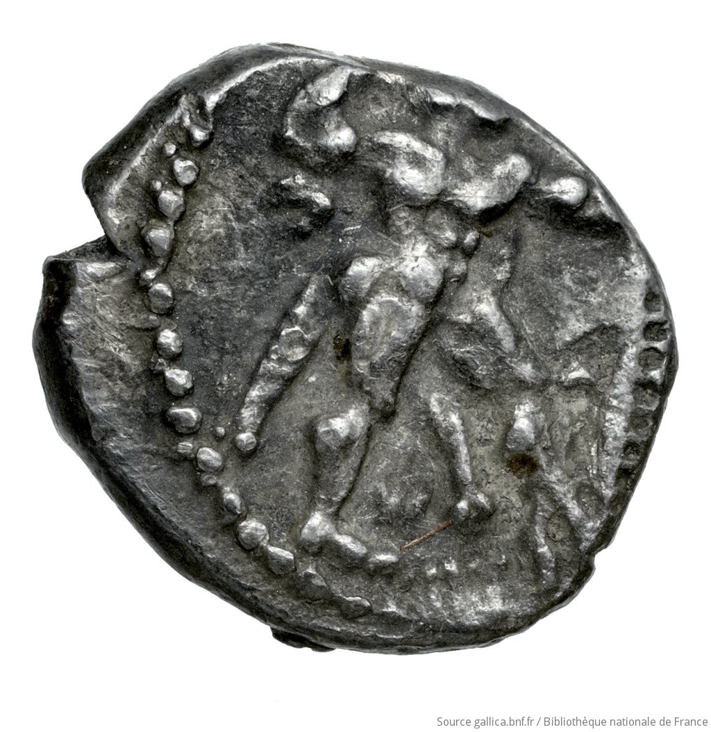Obverse 'SilCoinCy A4543, Fonds général, acc.no.: Babelon 685. Silver coin of king Baalmilk II of Kition 425 - 400 BC. Weight: 1.7g, Axis: 10h, Diameter: 12mm. Obverse type: Herakles, wearing lion's skin over head and hanging down his back, advancing to right; in outstretched left bow, in right his club raised over his head: border of dots.. Obverse symbol: -. Obverse legend: - in -. Reverse type: Lion right, bringing down stag right; dotted square within incuse square. Reverse symbol: -. Reverse legend: lb'lmlk in Phoenician. 'Catalogue des monnaies grecques de la Bibliothèque Nationale: les Perses Achéménides, les satrapes et les dynastes tributaires de leur empire: Cypre et la Phénicie'.