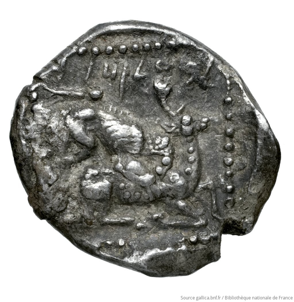 Reverse 'SilCoinCy A4543, Fonds général, acc.no.: Babelon 685. Silver coin of king Baalmilk II of Kition 425 - 400 BC. Weight: 1.7g, Axis: 10h, Diameter: 12mm. Obverse type: Herakles, wearing lion's skin over head and hanging down his back, advancing to right; in outstretched left bow, in right his club raised over his head: border of dots.. Obverse symbol: -. Obverse legend: - in -. Reverse type: Lion right, bringing down stag right; dotted square within incuse square. Reverse symbol: -. Reverse legend: lb'lmlk in Phoenician. 'Catalogue des monnaies grecques de la Bibliothèque Nationale: les Perses Achéménides, les satrapes et les dynastes tributaires de leur empire: Cypre et la Phénicie'.
