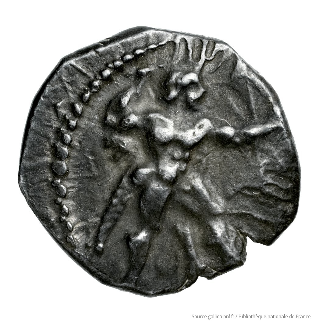 Obverse 'SilCoinCy A4544, Fonds général, acc.no.: Babelon 686. Silver coin of king Baalmilk II of Kition 425 - 400 BC. Weight: 1.88g, Axis: 3h, Diameter: 13mm. Obverse type: Herakles, wearing lion's skin over head and hanging down his back, advancing to right; in outstretched left bow, in right his club raised over his head: border of dots.. Obverse symbol: -. Obverse legend: - in -. Reverse type: Lion right, bringing down stag right; dotted square within incuse square. Reverse symbol: -. Reverse legend: lb'lmlk in Phoenician. 'Catalogue des monnaies grecques de la Bibliothèque Nationale: les Perses Achéménides, les satrapes et les dynastes tributaires de leur empire: Cypre et la Phénicie'.