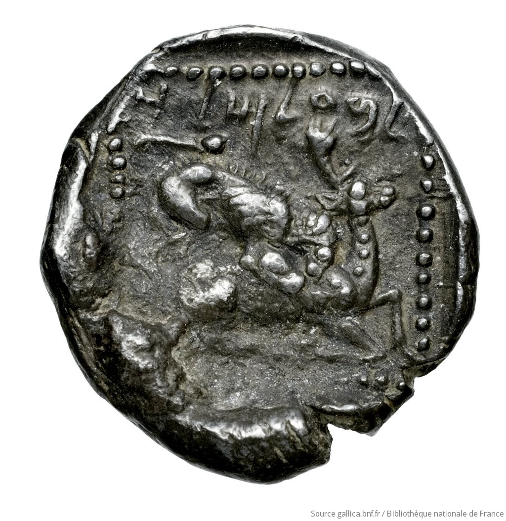Reverse 'SilCoinCy A4544, Fonds général, acc.no.: Babelon 686. Silver coin of king Baalmilk II of Kition 425 - 400 BC. Weight: 1.88g, Axis: 3h, Diameter: 13mm. Obverse type: Herakles, wearing lion's skin over head and hanging down his back, advancing to right; in outstretched left bow, in right his club raised over his head: border of dots.. Obverse symbol: -. Obverse legend: - in -. Reverse type: Lion right, bringing down stag right; dotted square within incuse square. Reverse symbol: -. Reverse legend: lb'lmlk in Phoenician. 'Catalogue des monnaies grecques de la Bibliothèque Nationale: les Perses Achéménides, les satrapes et les dynastes tributaires de leur empire: Cypre et la Phénicie'.