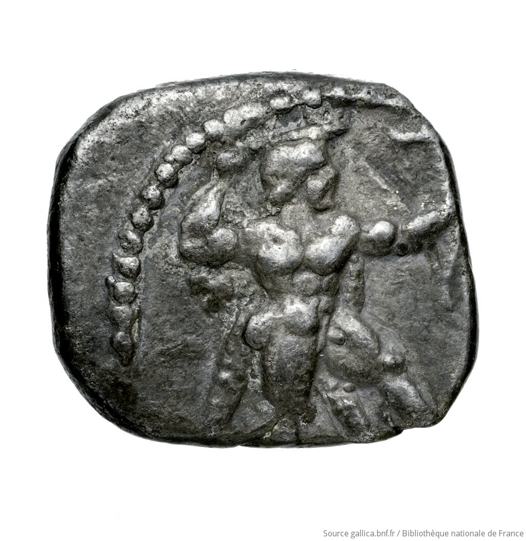 Εμπροσθότυπος 'SilCoinCy A4545, Waddington, acc.no.: Babelon 690A. Silver coin of king Baalmilk II of Kition 425 - 400 BC. Weight: 1.61g, Axis: 2h, Diameter: 12mm. Obverse type: Herakles, wearing lion's skin over head and hanging down his back, advancing to right; in outstretched left bow, in right his club raised over his head: border of dots.. Obverse symbol: -. Obverse legend: - in -. Reverse type: Lion right, bringing down stag right; dotted square within incuse square. Reverse symbol: -. Reverse legend: lb'lmlk in Phoenician. 'Catalogue des monnaies grecques de la Bibliothèque Nationale: les Perses Achéménides, les satrapes et les dynastes tributaires de leur empire: Cypre et la Phénicie', 'Inventaire de la Collection Waddington'.