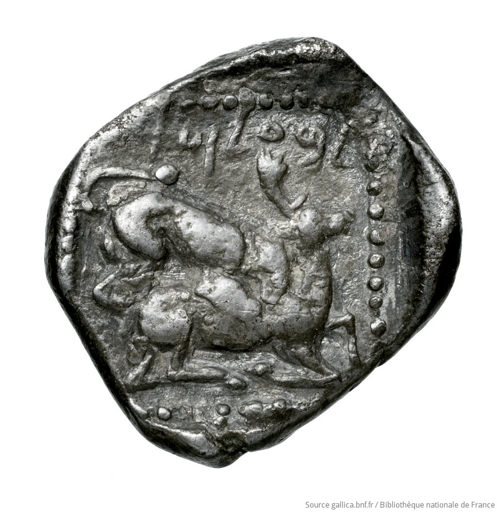 Οπισθότυπος 'SilCoinCy A4545, Waddington, acc.no.: Babelon 690A. Silver coin of king Baalmilk II of Kition 425 - 400 BC. Weight: 1.61g, Axis: 2h, Diameter: 12mm. Obverse type: Herakles, wearing lion's skin over head and hanging down his back, advancing to right; in outstretched left bow, in right his club raised over his head: border of dots.. Obverse symbol: -. Obverse legend: - in -. Reverse type: Lion right, bringing down stag right; dotted square within incuse square. Reverse symbol: -. Reverse legend: lb'lmlk in Phoenician. 'Catalogue des monnaies grecques de la Bibliothèque Nationale: les Perses Achéménides, les satrapes et les dynastes tributaires de leur empire: Cypre et la Phénicie', 'Inventaire de la Collection Waddington'.