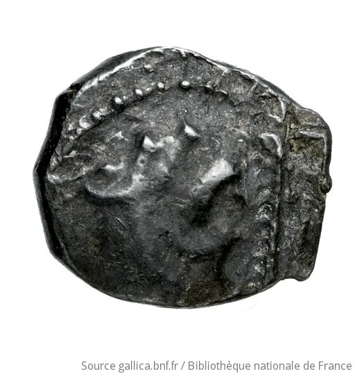 Obverse 'SilCoinCy A4547, Fonds général, acc.no.: Babelon 694. Silver coin of king Baalmilk II of Kition 425 - 400 BC. Weight: 0.47g, Axis: 9h, Diameter: 8mm. Obverse type: Head of Herakles right, bearded, wearing lion's skin. Obverse symbol: -. Obverse legend: - in -. Reverse type: Lion right, bringing down stag right; dotted square within incuse square. Reverse symbol: -. Reverse legend: - in -. 'Catalogue des monnaies grecques de la Bibliothèque Nationale: les Perses Achéménides, les satrapes et les dynastes tributaires de leur empire: Cypre et la Phénicie'.