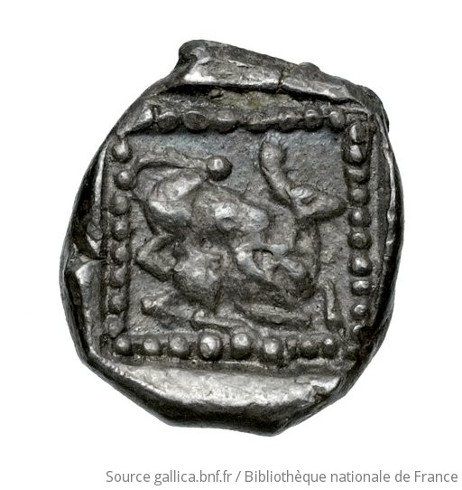 Reverse 'SilCoinCy A4547, Fonds général, acc.no.: Babelon 694. Silver coin of king Baalmilk II of Kition 425 - 400 BC. Weight: 0.47g, Axis: 9h, Diameter: 8mm. Obverse type: Head of Herakles right, bearded, wearing lion's skin. Obverse symbol: -. Obverse legend: - in -. Reverse type: Lion right, bringing down stag right; dotted square within incuse square. Reverse symbol: -. Reverse legend: - in -. 'Catalogue des monnaies grecques de la Bibliothèque Nationale: les Perses Achéménides, les satrapes et les dynastes tributaires de leur empire: Cypre et la Phénicie'.