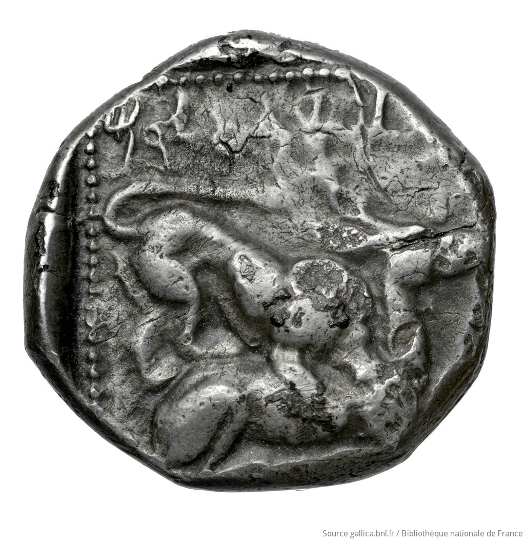 Reverse 'SilCoinCy A4548, Fonds général, acc.no.: Babelon 691. Silver coin of king Baalorm of Kition 400 - 392 BC. Weight: 11.03g, Axis: 9h, Diameter: 19mm. Obverse type: Herakles, wearing lion's skin over head and hanging down his back, advancing to right; in outstretched left bow, in right his club raised over his head: border of dots.. Obverse symbol: -. Obverse legend: - in -. Reverse type: Lion right, bringing down stag right; dotted square within incuse square. Reverse symbol: -. Reverse legend: lb'lrm in Phoenician. 'Catalogue des monnaies grecques de la Bibliothèque Nationale: les Perses Achéménides, les satrapes et les dynastes tributaires de leur empire: Cypre et la Phénicie'.