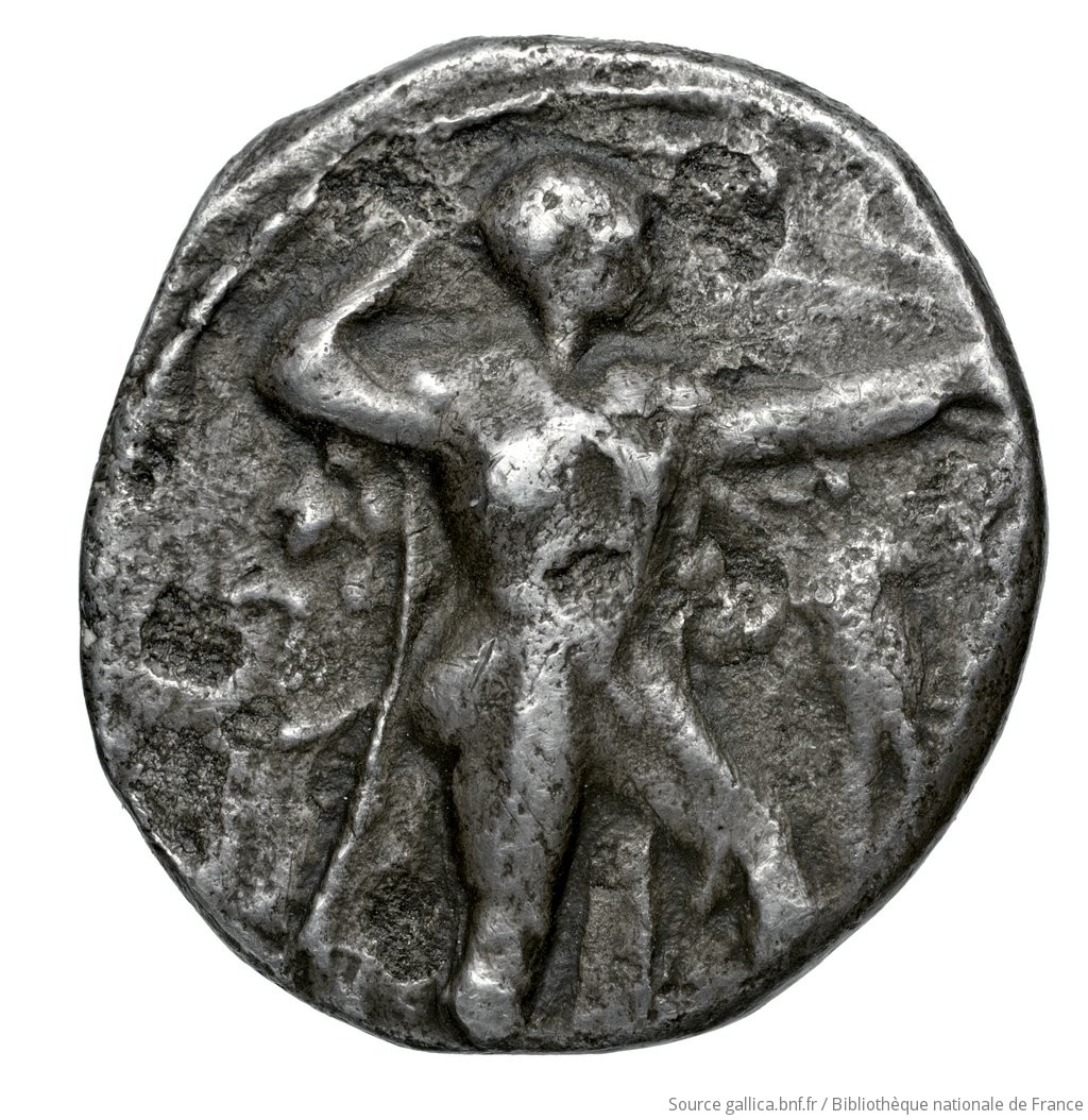 Obverse 'SilCoinCy A4550, Fonds général, acc.no.: Babelon 704. Silver coin of king Milkyaton of Kition 392 - 362 BC. Weight: 10.33g, Axis: 6h, Diameter: 22mm. Obverse type: Herakles, wearing lion's skin over head and hanging down his back, advancing to right; in outstretched left bow, in right his club raised over his head: border of dots.. Obverse symbol: -. Obverse legend: - in -. Reverse type: Lion right, bringing down stag right; dotted square within incuse square. Reverse symbol: -. Reverse legend: mlk in Phoenician. 'Catalogue des monnaies grecques de la Bibliothèque Nationale: les Perses Achéménides, les satrapes et les dynastes tributaires de leur empire: Cypre et la Phénicie'.