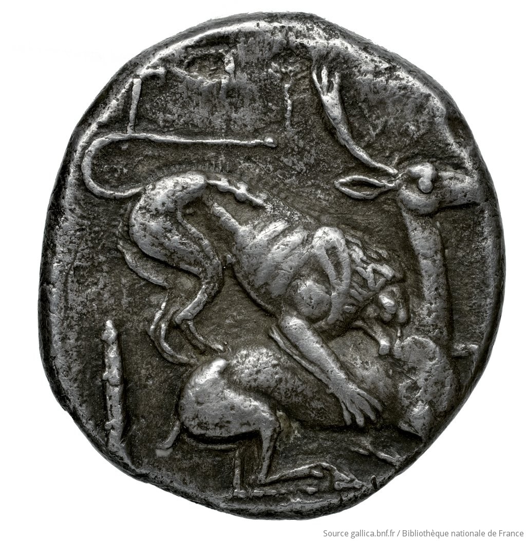 Reverse 'SilCoinCy A4550, Fonds général, acc.no.: Babelon 704. Silver coin of king Milkyaton of Kition 392 - 362 BC. Weight: 10.33g, Axis: 6h, Diameter: 22mm. Obverse type: Herakles, wearing lion's skin over head and hanging down his back, advancing to right; in outstretched left bow, in right his club raised over his head: border of dots.. Obverse symbol: -. Obverse legend: - in -. Reverse type: Lion right, bringing down stag right; dotted square within incuse square. Reverse symbol: -. Reverse legend: mlk in Phoenician. 'Catalogue des monnaies grecques de la Bibliothèque Nationale: les Perses Achéménides, les satrapes et les dynastes tributaires de leur empire: Cypre et la Phénicie'.