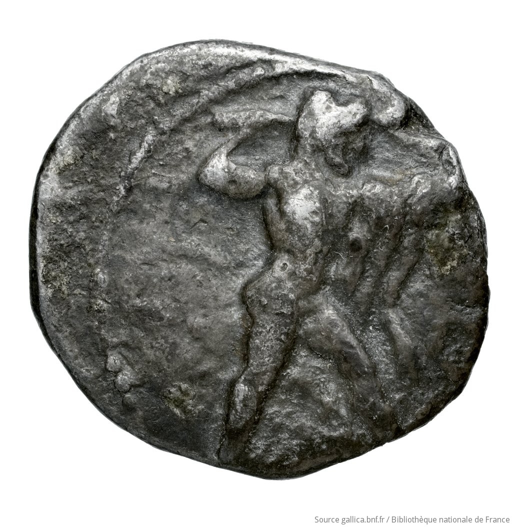 Obverse 'SilCoinCy A4551, Fonds général, acc.no.: Babelon 706. Silver coin of king Milkyaton of Kition 392 - 362 BC. Weight: 3.48g, Axis: 3h, Diameter: 16mm. Obverse type: Herakles, wearing lion's skin over head and hanging down his back, advancing to right; in outstretched left bow, in right his club raised over his head: border of dots.. Obverse symbol: Ankh. Obverse legend: - in -. Reverse type: Lion right, bringing down stag right; dotted square within incuse square. Reverse symbol: -. Reverse legend: lmlkmlk in Phoenician. 'Catalogue des monnaies grecques de la Bibliothèque Nationale: les Perses Achéménides, les satrapes et les dynastes tributaires de leur empire: Cypre et la Phénicie'.