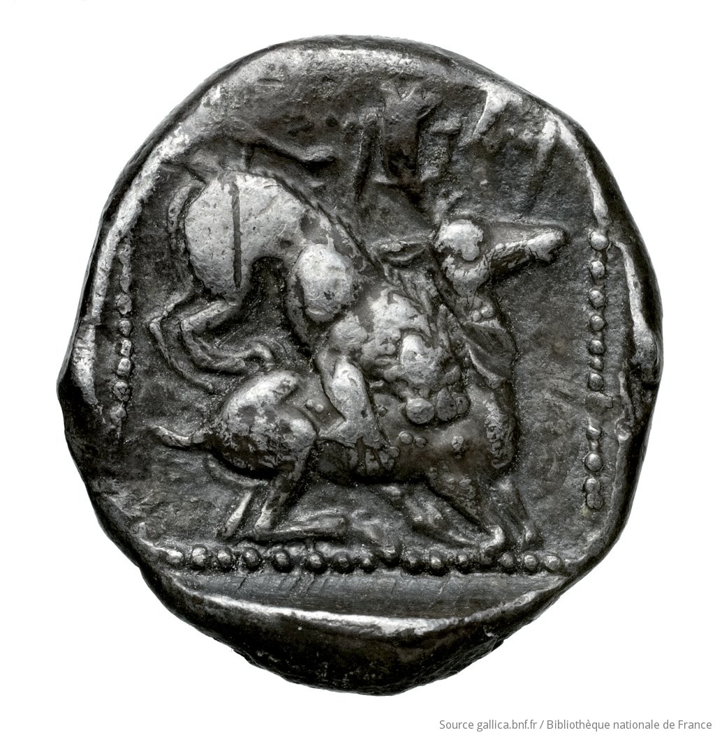 Reverse 'SilCoinCy A4551, Fonds général, acc.no.: Babelon 706. Silver coin of king Milkyaton of Kition 392 - 362 BC. Weight: 3.48g, Axis: 3h, Diameter: 16mm. Obverse type: Herakles, wearing lion's skin over head and hanging down his back, advancing to right; in outstretched left bow, in right his club raised over his head: border of dots.. Obverse symbol: Ankh. Obverse legend: - in -. Reverse type: Lion right, bringing down stag right; dotted square within incuse square. Reverse symbol: -. Reverse legend: lmlkmlk in Phoenician. 'Catalogue des monnaies grecques de la Bibliothèque Nationale: les Perses Achéménides, les satrapes et les dynastes tributaires de leur empire: Cypre et la Phénicie'.
