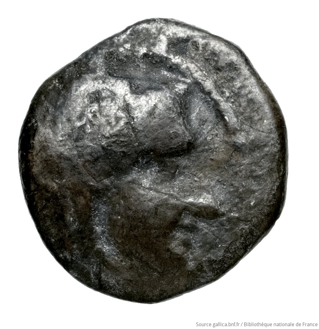 Εμπροσθότυπος 'SilCoinCy A4553, Fonds général, acc.no.: Babelon 708. Silver coin of king Uncertain king of Kition of Kition 525 - 480 BC. Weight: 0.80g, Axis: 6h, Diameter: 9mm. Obverse type: Head of Herakles right, unbearded, wearing lion's skin. Obverse symbol: -. Obverse legend: - in -. Reverse type: Lion right, bringing down stag right; dotted square within incuse square. Reverse symbol: -. Reverse legend: - in -. 'Catalogue des monnaies grecques de la Bibliothèque Nationale: les Perses Achéménides, les satrapes et les dynastes tributaires de leur empire: Cypre et la Phénicie'.
