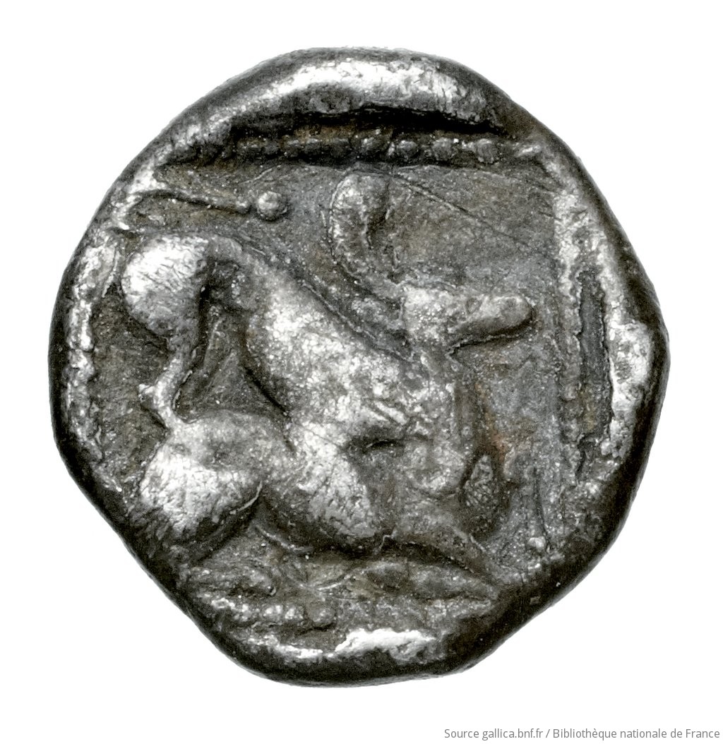 Οπισθότυπος 'SilCoinCy A4553, Fonds général, acc.no.: Babelon 708. Silver coin of king Uncertain king of Kition of Kition 525 - 480 BC. Weight: 0.80g, Axis: 6h, Diameter: 9mm. Obverse type: Head of Herakles right, unbearded, wearing lion's skin. Obverse symbol: -. Obverse legend: - in -. Reverse type: Lion right, bringing down stag right; dotted square within incuse square. Reverse symbol: -. Reverse legend: - in -. 'Catalogue des monnaies grecques de la Bibliothèque Nationale: les Perses Achéménides, les satrapes et les dynastes tributaires de leur empire: Cypre et la Phénicie'.