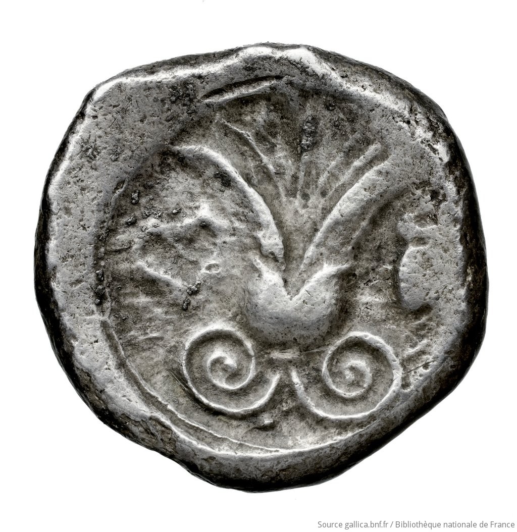 Reverse 'SilCoinCy A4565, Fonds général, acc.no.: Babelon 726. Silver coin of king Gras or Gra(-) of Idalion 470+ BC - . Weight: 11.16g, Axis: 9h, Diameter: 25mm. Obverse type: Sphinx with curled wing, seated left on tendril, which rises beneath her belly to a bud and in front to an open flower, on which she places her right forefoot: border of dots.. Obverse symbol: -. Obverse legend: pa/ ka-ra in Cypriot syllabic. Reverse type: Lotus flower on two spiral tendrils; on left ivy-leaf, on right astragalos: the whole in faint linear border, in incuse circle. Reverse symbol: -. Reverse legend: - in -. 'Catalogue des monnaies grecques de la Bibliothèque Nationale: les Perses Achéménides, les satrapes et les dynastes tributaires de leur empire: Cypre et la Phénicie'.