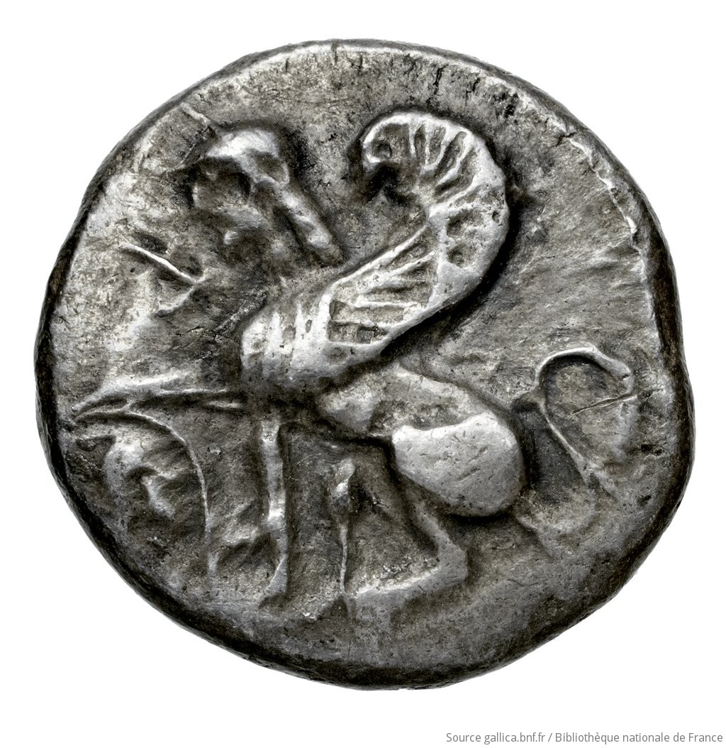 Obverse 'SilCoinCy A4566, Fonds général, acc.no.: Babelon 727. Silver coin of king Stasikypros of Idalion 460 - 450/445 BC. Weight: 3.49g, Axis: 10h, Diameter: 15mm. Obverse type: Sphinx with curled wing, seated left on tendril, which rises beneath her belly to a bud and in front to an open flower, on which she places her right forefoot: border of dots.. Obverse symbol: -. Obverse legend: sa in Cypriot syllabic. Reverse type: Lotus flower on two spiral tendrils; on left ivy-leaf, on right astragalos: the whole in faint linear border, in incuse circle. Reverse symbol: -. Reverse legend: - in -. 'Catalogue des monnaies grecques de la Bibliothèque Nationale: les Perses Achéménides, les satrapes et les dynastes tributaires de leur empire: Cypre et la Phénicie'.