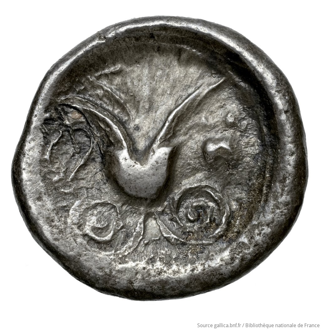 Reverse 'SilCoinCy A4566, Fonds général, acc.no.: Babelon 727. Silver coin of king Stasikypros of Idalion 460 - 450/445 BC. Weight: 3.49g, Axis: 10h, Diameter: 15mm. Obverse type: Sphinx with curled wing, seated left on tendril, which rises beneath her belly to a bud and in front to an open flower, on which she places her right forefoot: border of dots.. Obverse symbol: -. Obverse legend: sa in Cypriot syllabic. Reverse type: Lotus flower on two spiral tendrils; on left ivy-leaf, on right astragalos: the whole in faint linear border, in incuse circle. Reverse symbol: -. Reverse legend: - in -. 'Catalogue des monnaies grecques de la Bibliothèque Nationale: les Perses Achéménides, les satrapes et les dynastes tributaires de leur empire: Cypre et la Phénicie'.