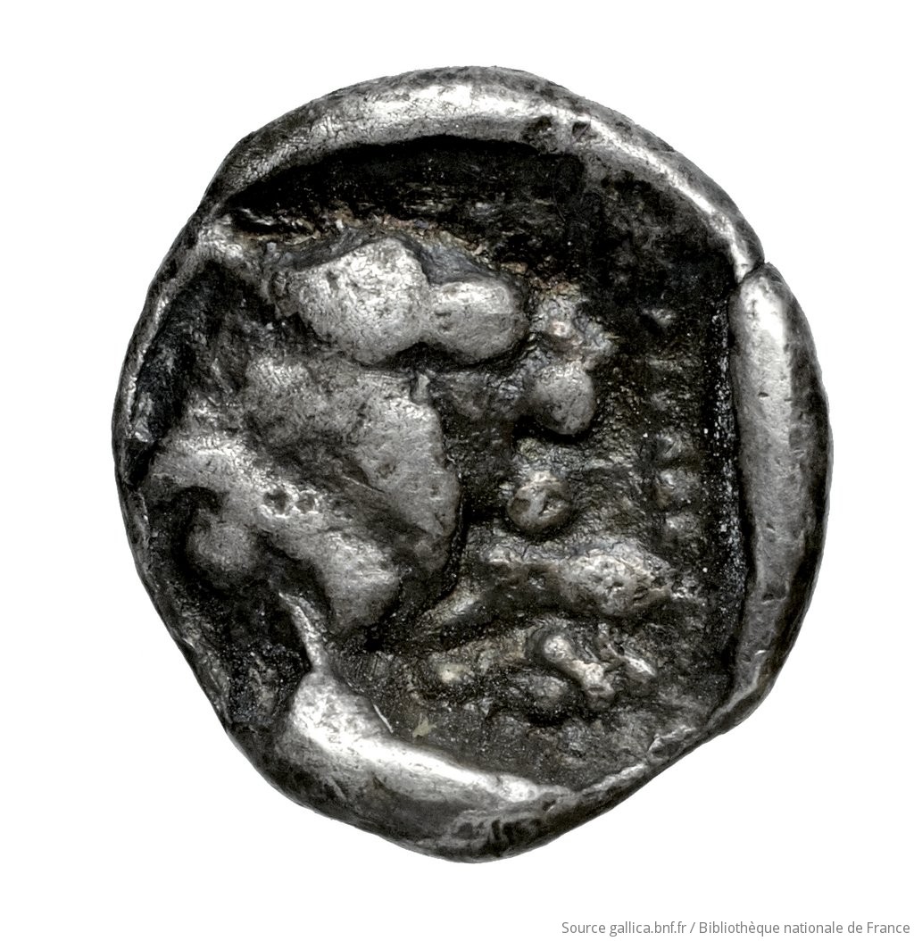 Οπισθότυπος 'SilCoinCy A4567, Fonds général, acc.no.: . Silver coin of king Uncertain king of Amathous of Amathous 460 - 350 BC. Weight: 0.90g, Axis: 2h, Diameter: 11mm. Obverse type: Lion lying right. Obverse symbol: -. Obverse legend: - in -. Reverse type: Forepart of lion right, jaws open, in dotted square within incuse square.. Reverse symbol: -. Reverse legend: - in -.
