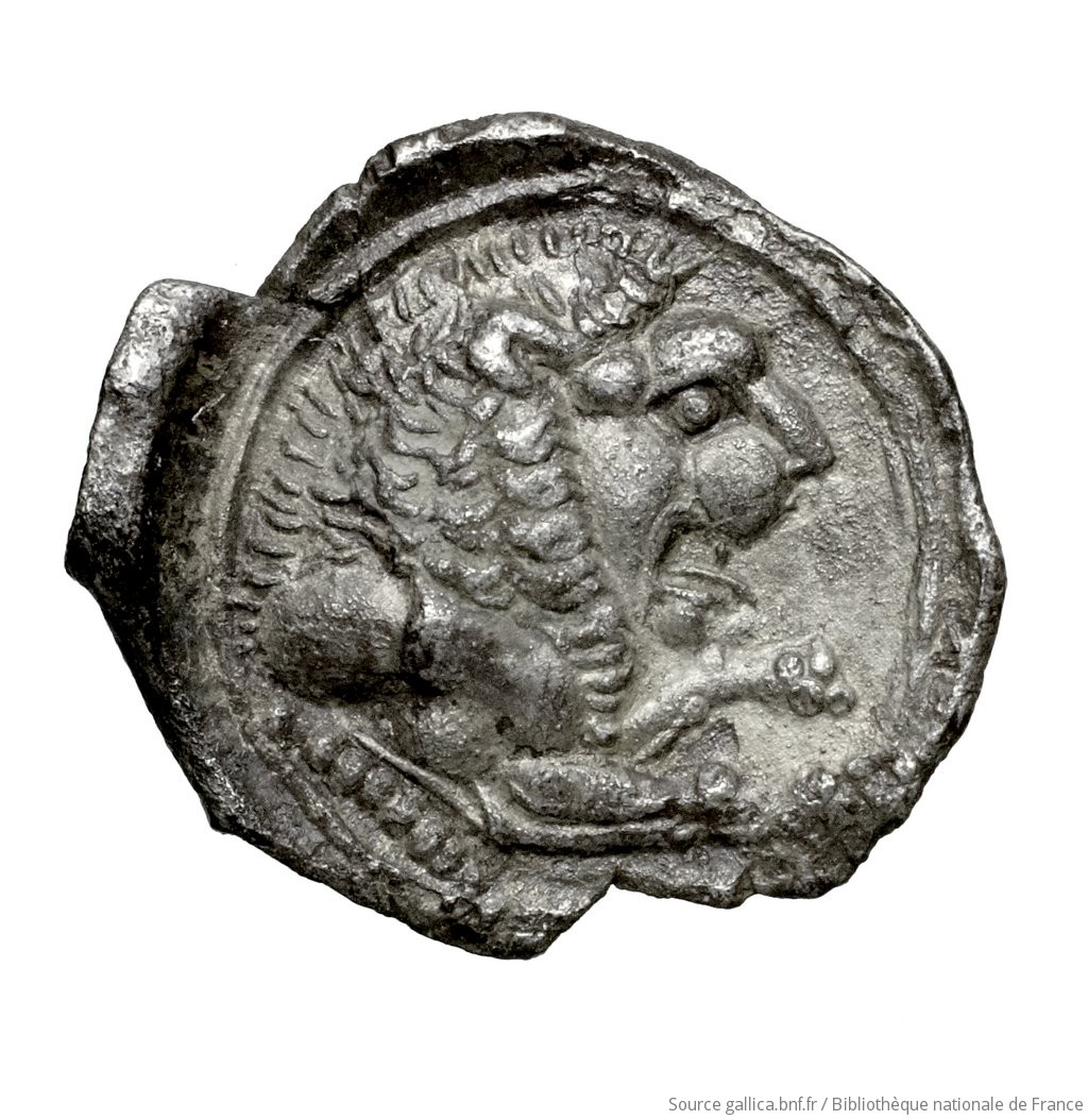 Οπισθότυπος 'SilCoinCy A4568, Fonds général, acc.no.: . Silver coin of king Uncertain king of Amathous of Amathous 460 - 350 BC. Weight: 0.50g, Axis: 3h, Diameter: 11mm. Obverse type: Facing lion head. Obverse symbol: -. Obverse legend: - in -. Reverse type: Forepart of lion right, jaws open, in dotted square within incuse square.. Reverse symbol: -. Reverse legend: - in -.