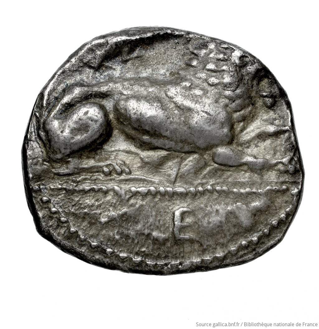 Εμπροσθότυπος 'SilCoinCy A4569, Fonds général, acc.no.: Babelon 730D. Silver coin of king Evagoras I ? of Amathous 391 - 386 BC. Weight: 6.47g, Axis: 12h, Diameter: 20mm. Obverse type: Lion lying right, jaws open, on double dotted exergual line; above, eagle flying right; border of dots. Below line, greek letter. Obverse symbol: -. Obverse legend: E in Greek. Reverse type: Forepart of lion right, jaws open: linear border.. Reverse symbol: ivy leaf. Reverse legend: - in -. 'Catalogue des monnaies grecques de la Bibliothèque Nationale: les Perses Achéménides, les satrapes et les dynastes tributaires de leur empire: Cypre et la Phénicie'.