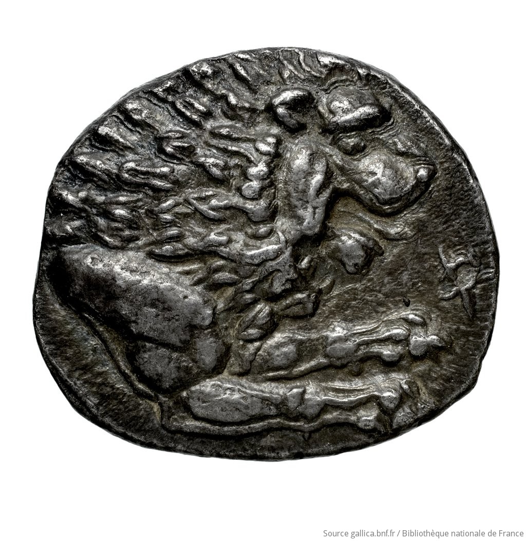 Οπισθότυπος 'SilCoinCy A4569, Fonds général, acc.no.: Babelon 730D. Silver coin of king Evagoras I ? of Amathous 391 - 386 BC. Weight: 6.47g, Axis: 12h, Diameter: 20mm. Obverse type: Lion lying right, jaws open, on double dotted exergual line; above, eagle flying right; border of dots. Below line, greek letter. Obverse symbol: -. Obverse legend: E in Greek. Reverse type: Forepart of lion right, jaws open: linear border.. Reverse symbol: ivy leaf. Reverse legend: - in -. 'Catalogue des monnaies grecques de la Bibliothèque Nationale: les Perses Achéménides, les satrapes et les dynastes tributaires de leur empire: Cypre et la Phénicie'.