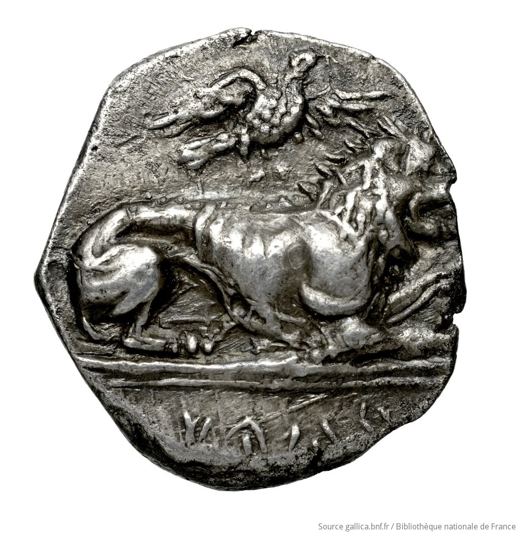 Εμπροσθότυπος 'SilCoinCy A4570, Fonds général, acc.no.: Babelon 730B. Silver coin of king Pyrwos of Amathous c. 385 BC - . Weight: 6.59g, Axis: 1h, Diameter: 19mm. Obverse type: Lion lying right, jaws open on double exergual line; above, eagle flying right. Below line: cypriot syllabic inscription. Obverse symbol: -. Obverse legend: - in Cypriot syllabic. Reverse type: Forepart of lion right, jaws open: border of dots.. Reverse symbol: -. Reverse legend: - in Cypriot syllabic. 'Catalogue des monnaies grecques de la Bibliothèque Nationale: les Perses Achéménides, les satrapes et les dynastes tributaires de leur empire: Cypre et la Phénicie'.
