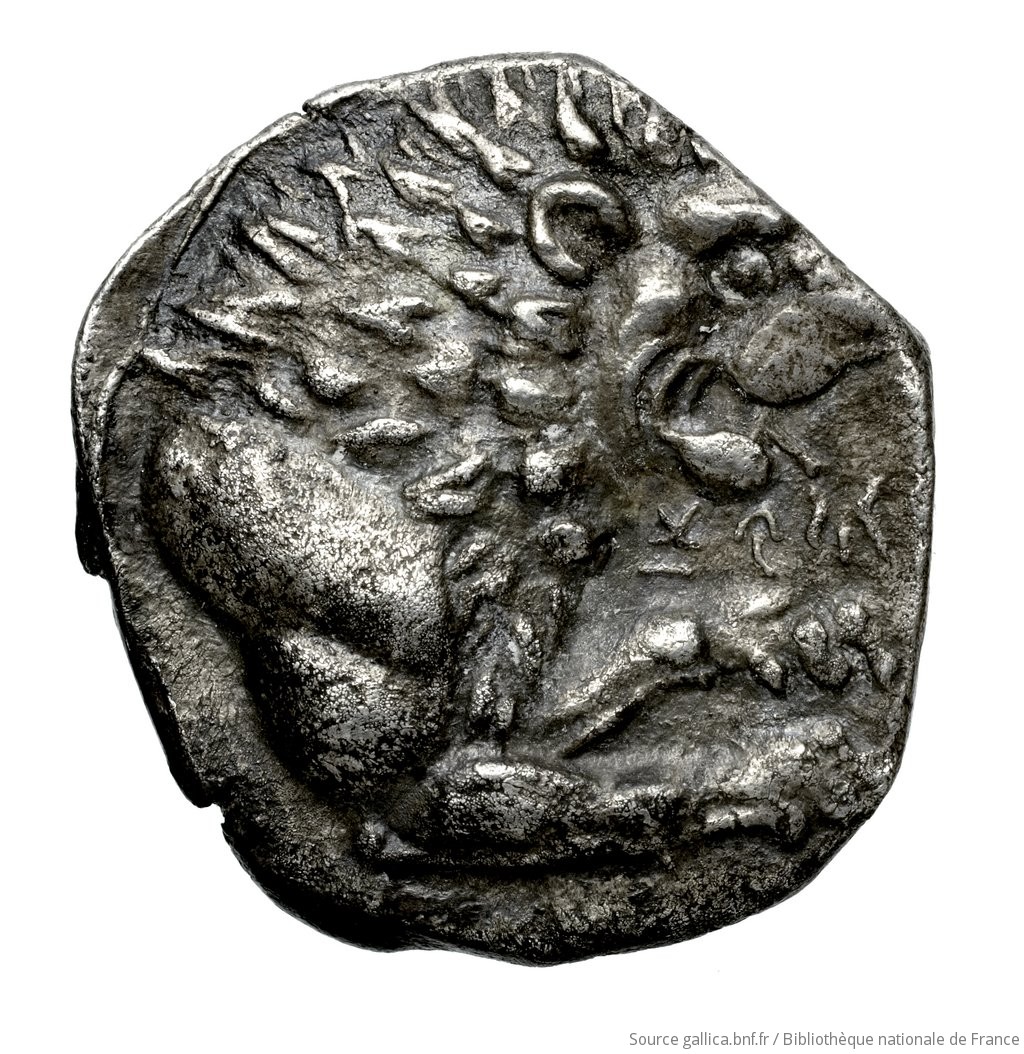 Reverse 'SilCoinCy A4570, Fonds général, acc.no.: Babelon 730B. Silver coin of king Pyrwos of Amathous c. 385 BC - . Weight: 6.59g, Axis: 1h, Diameter: 19mm. Obverse type: Lion lying right, jaws open on double exergual line; above, eagle flying right. Below line: cypriot syllabic inscription. Obverse symbol: -. Obverse legend: - in Cypriot syllabic. Reverse type: Forepart of lion right, jaws open: border of dots.. Reverse symbol: -. Reverse legend: - in Cypriot syllabic. 'Catalogue des monnaies grecques de la Bibliothèque Nationale: les Perses Achéménides, les satrapes et les dynastes tributaires de leur empire: Cypre et la Phénicie'.